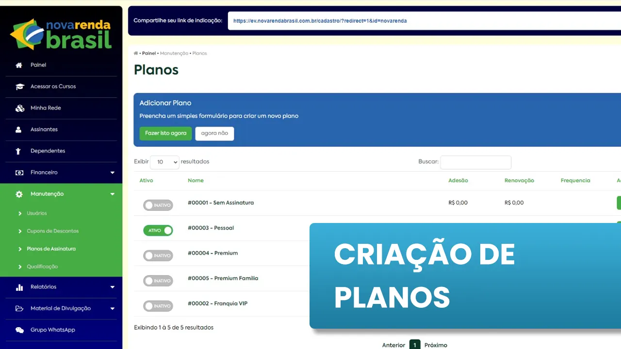 Criação de Planos